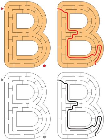Easy alphabet maze for kids with a solution - worksheet for learning alphabet - recognizing letter Bのイラスト素材