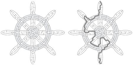 Ships wheel maze maze for kids with a solution in black and whiteのイラスト素材