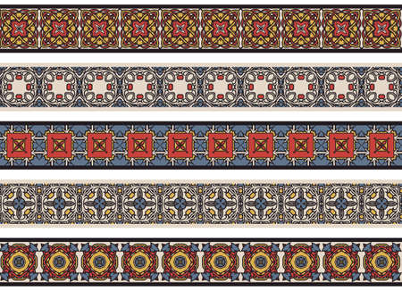 Set of five illustrated decorative borders made of abstract elements in beige, red, yellow, blue and blackのイラスト素材
