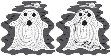 Ghost maze for kids with a solution in black and whiteのイラスト素材