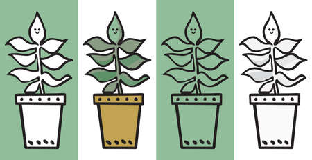 Illustrated succulent cartoon plant in black and white, color, outline and gray and blackのイラスト素材