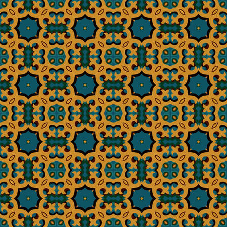 Seamless illustrated pattern made of abstract elements in brown, blue, green and black