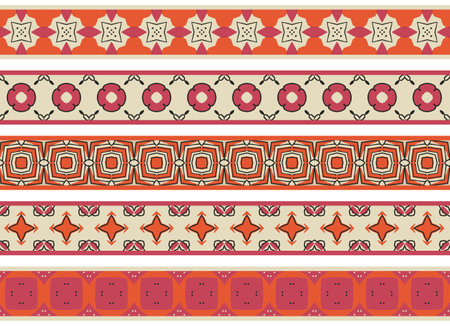 Set of five illustrated decorative borders made of abstract elements in beige, orange, pink and blackのイラスト素材