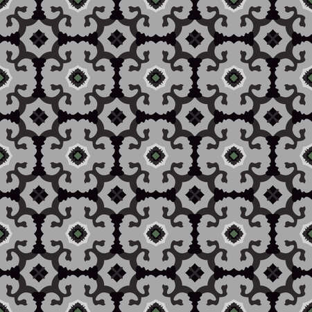 Seamless illustrated pattern made of abstract elements in beige, gray, green and black