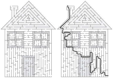 House maze for kids with a solution in black and whiteのイラスト素材
