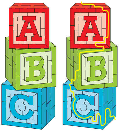ABC blocks maze for kids with a solutionのイラスト素材