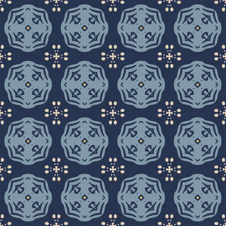 Seamless illustrated pattern made of abstract elements in beige, yellow and shades of blueのイラスト素材