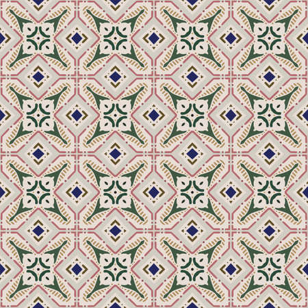 Seamless illustrated pattern made of abstract elements in beige, brown, gray, pink, blue and green