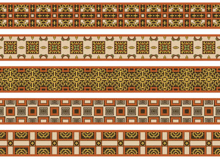 Set of five illustrated decorative borders made of abstract elements in beige, green, yellow, orange and brownのイラスト素材