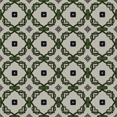 Seamless illustrated pattern made of abstract elements in beige, shades of green, blue and black