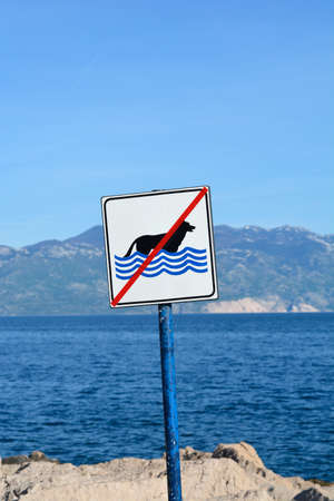 No dogs allowed on the beach sign with sea and mountains in the backの写真素材