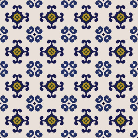 Seamless illustrated pattern made of abstract elements in beige, green,yellow and shades of blue