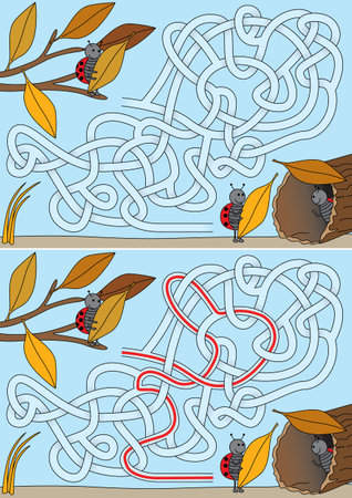 Ladybug building shelter maze for kids with a solutionのイラスト素材
