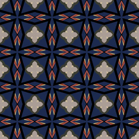 Seamless illustrated pattern made of abstract elements in beige, blue, brown, gray and black