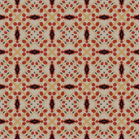 Seamless illustrated pattern made of abstract elements in beige, gray, black, yellow and red