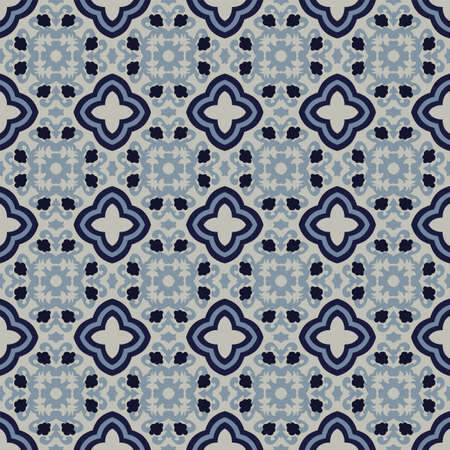 Seamless illustrated pattern made of abstract elements in ligt gray and shades of blue