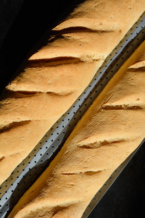 Detail of a homemade freshly baked baguettes
