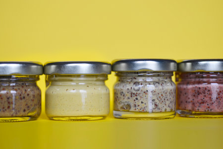 Close up of four small jars with different mustardsの写真素材