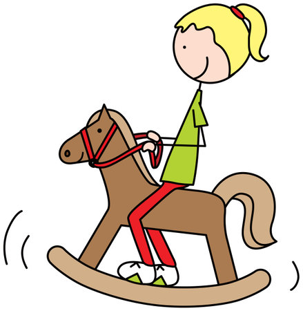 Cartoon illustration of girl on a rocking horseのイラスト素材