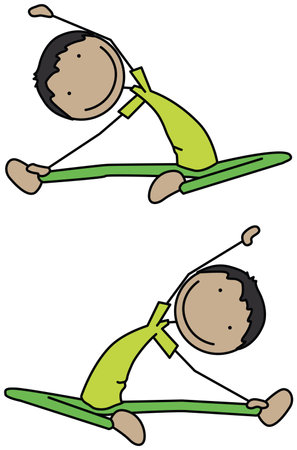 Cartoon vector illustration of a boy exercising - seated side stretchのイラスト素材