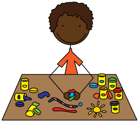 Cartoon illustration of a boy playing with playdoughのイラスト素材