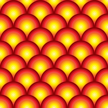 Seamless illustrated pattern made of abstract circular elements in shades of yellow, orange and redのイラスト素材