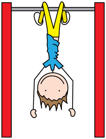 Cartoon illustration of a boy hanging upside down on a trapeze barのイラスト素材