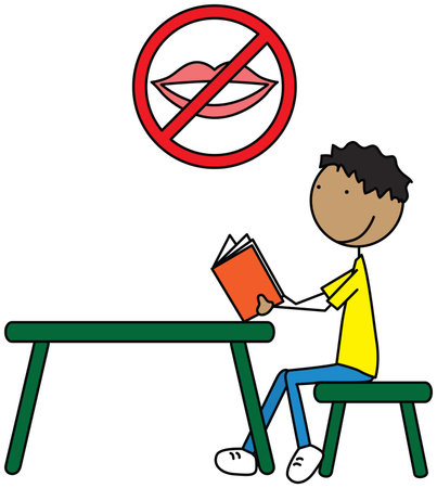 Cartoon illustration of a boy sitting at a table, reading a book under a "No Talking" signのイラスト素材