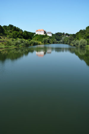 Ozalj castle above the Kupa river in Croatiaの写真素材