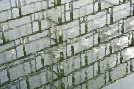 Glass brick wall reflection in water