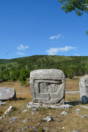 Necropolis Velika and Mala Crljivica (Big and Small Crljivica) near the village of Cista Velika in Croatia with tombstones decorated with intricate carvingsの写真素材