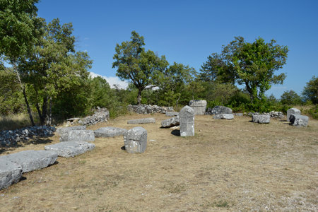 Necropolis Velika and Mala Crljivica (Big and Small Crljivica) near the village of Cista Velika in Croatia with tombstones decorated with intricate carvingsの写真素材