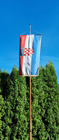 The Croatian flag  on a wooden pole in front of a dense hedge of evergreen conifers under a clear blue skyの写真素材