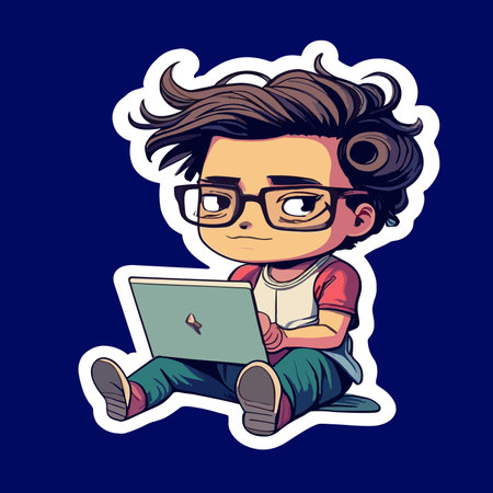 Cartoon nerd boy with laptop. Vector illustration in sticker style.のイラスト素材