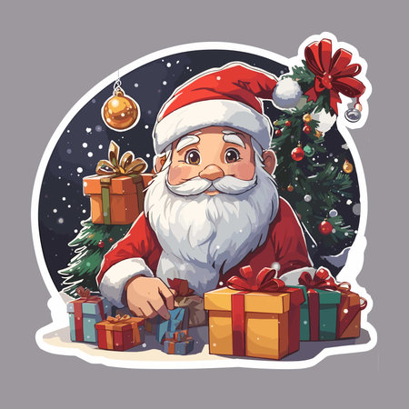 Cartoon Santa Claus with gifts and Christmas tree. Vector illustration.のイラスト素材