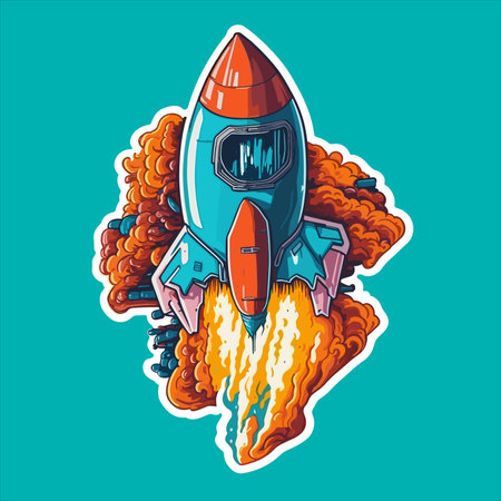 Cartoon rocket with fire and smoke. Vector illustration of spaceship.のイラスト素材