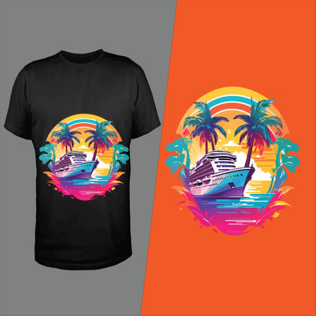 T-shirt design with palm trees and ship. Vector illustration.のイラスト素材