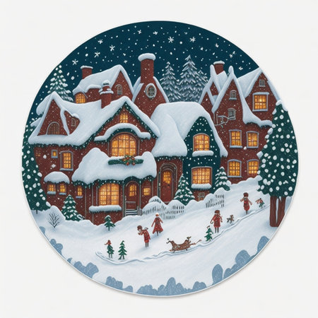 Christmas postcard with a village in the snow. Vector illustration.の素材