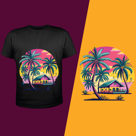 T-shirt design with palm trees and house on the beach. Vector illustrationのイラスト素材