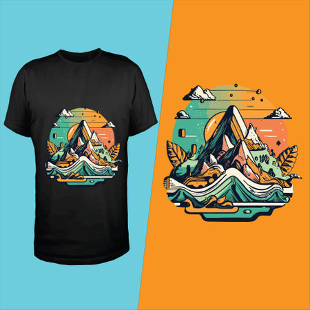 T-shirt print design with illustration of mountain peak and mountains.のイラスト素材