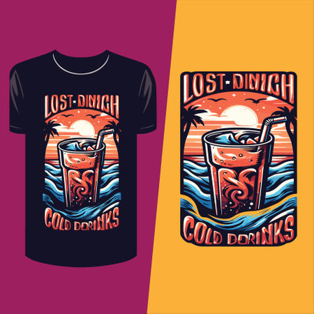 T-shirt print design with illustration of glass of cola on the beachのイラスト素材