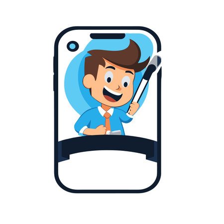 Cartoon man with brush in mobile phone screen. Vector illustration designのイラスト素材