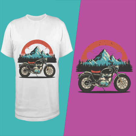 T-shirt print design with a motorcycle and mountains in the backgroundのイラスト素材