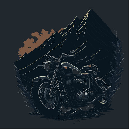 Vintage chopper motorcycle in the mountains. Hand drawn vector illustration.のイラスト素材