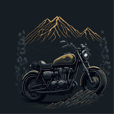 Vintage chopper motorcycle in the mountains. Hand drawn vector illustration.のイラスト素材