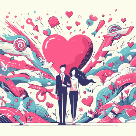Couple in love with big red heart on abstract background, vector illustrationのイラスト素材