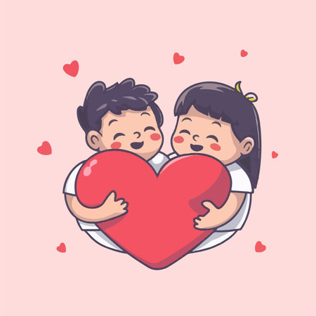 Cute cartoon boy and girl holding a big red heart. Vector illustration.のイラスト素材