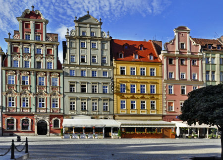 Facades of old historic tenements on Rynek  Market Square  in Wroclaw  Breslau , Poland