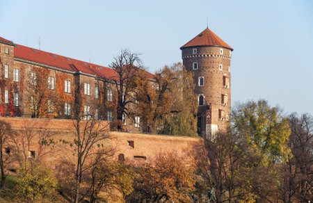 Wawel Castle and Sandomierska tower in fall, Cracow, Polandのeditorial素材