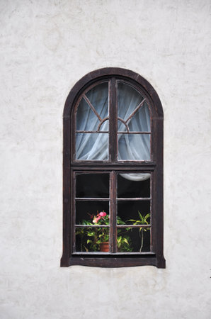 Old arched brown wooden window on the wall of the castleのeditorial素材
